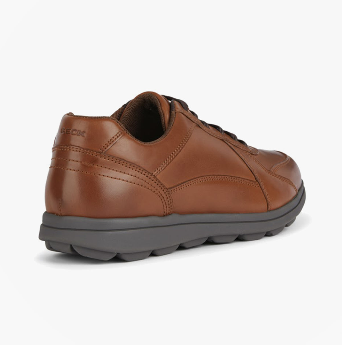 GEOX U SPHERICA EC12 Mens Trainers Cognac back view of the brown leather trainers with lace-up design.