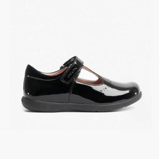 GEOX NAIMARA G B Girls Leather Touch Fasten School Shoes Patent Black