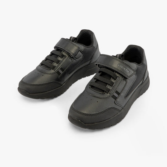 GEOX J BRIEZEE Boys Trainers Black, side view of black synthetic leather school shoes with lace-up closure.
