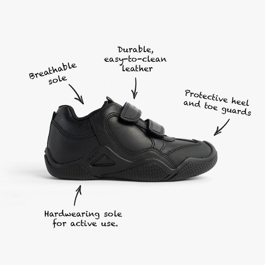 GEOX JR WADER Unisex Kids Black side view showing breathable sole, durable leather, protective guards, and hardwearing sole.