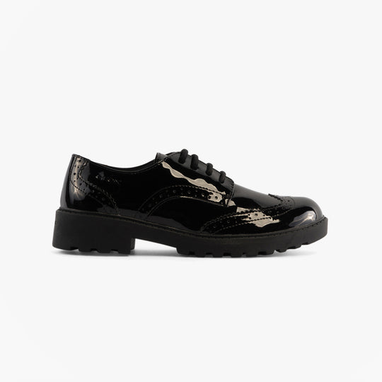 GEOX JR CASEY Girls Patent Brogue School Shoes Black
