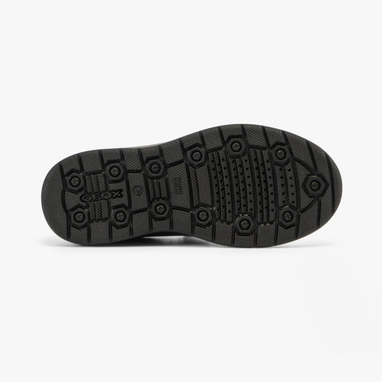 GEOX J RIDDOCK Boys Shoes Black bottom view, showcasing the rubber sole with detailed traction pattern.