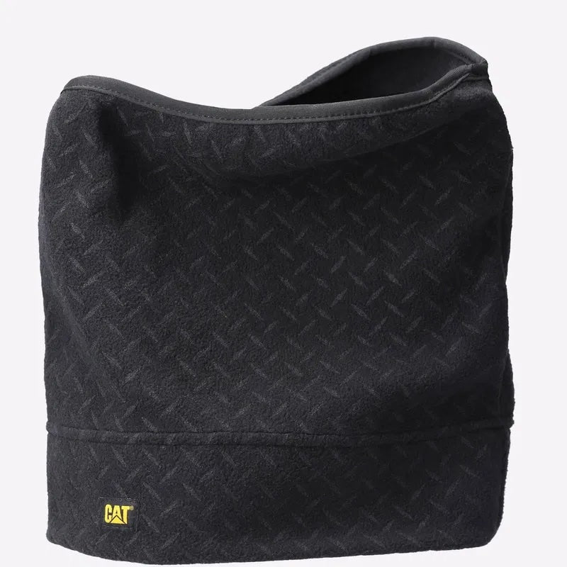CAT NECK WARMER Unisex Adults Black side view with stretch binding and CAT logo prominently displayed.