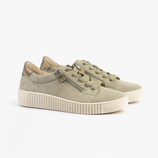Gabor WISDOM Womens Trainers Grey side view showing casual lace-up design and rubber sole.