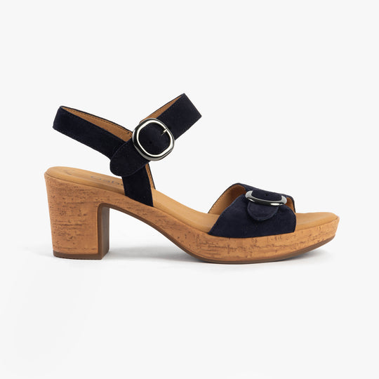 Gabor FANTASTICA Womens Sandals Dark Blue side view showcasing leather upper, block heel, and buckle closure.