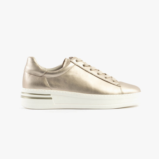 Gabor KEYSTONE Womens Trainers Beige side view featuring leather upper, lace-up design, and rubber sole.