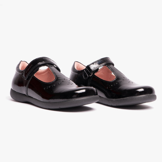 GEOX NAIMARA G B Girls Leather Touch Fasten School Shoes Patent Black