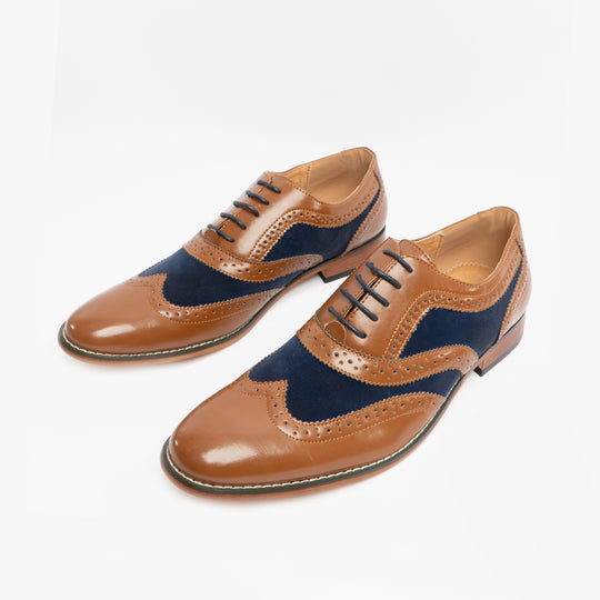 Goor DAVID Mens Brogue Oxford Shoes Tan/Navy