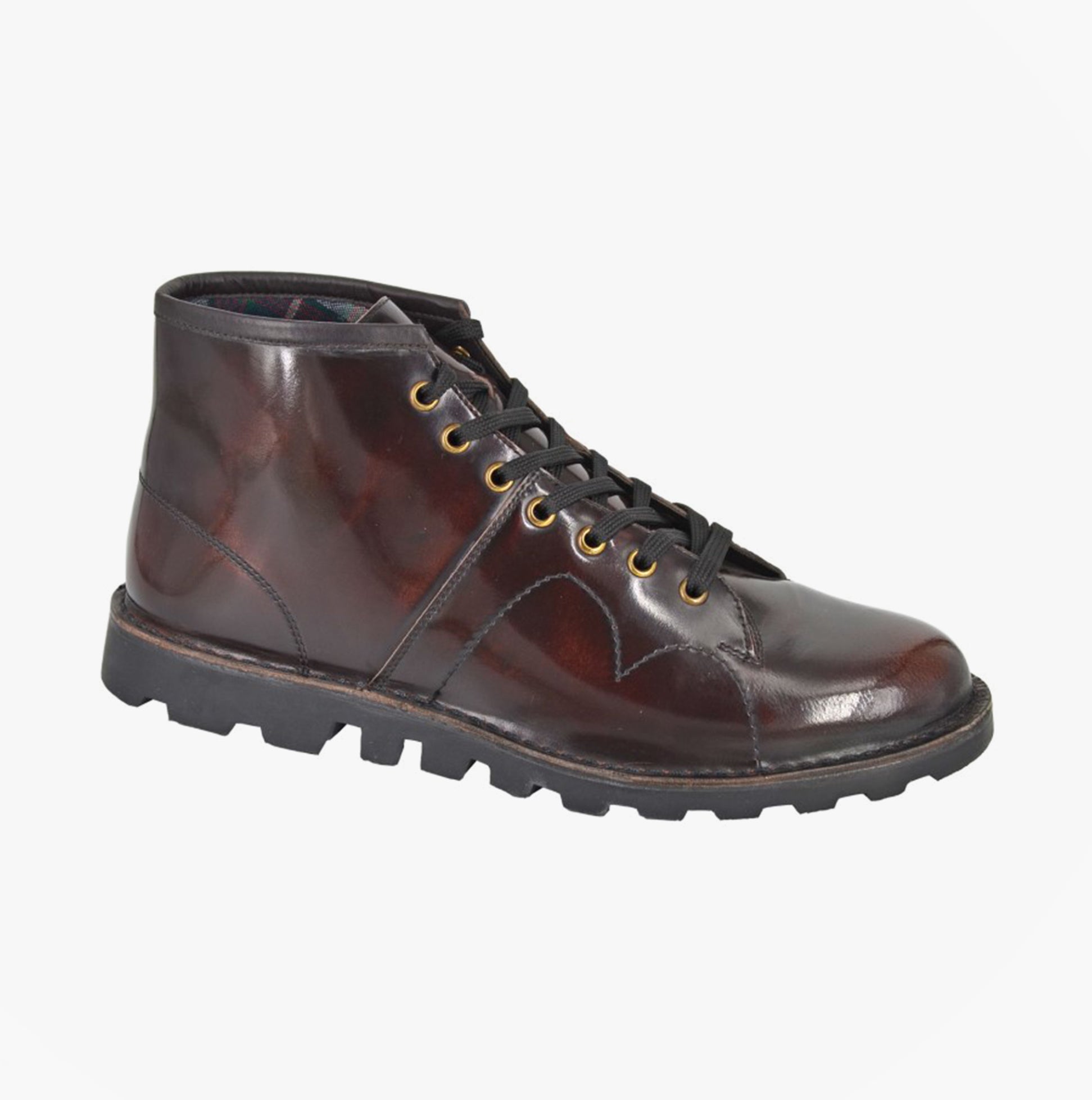 Grafters Mens Leather Monkey Boots Brush-Off Bordeaux side view with lace-up fastening, round toe, and ankle height.