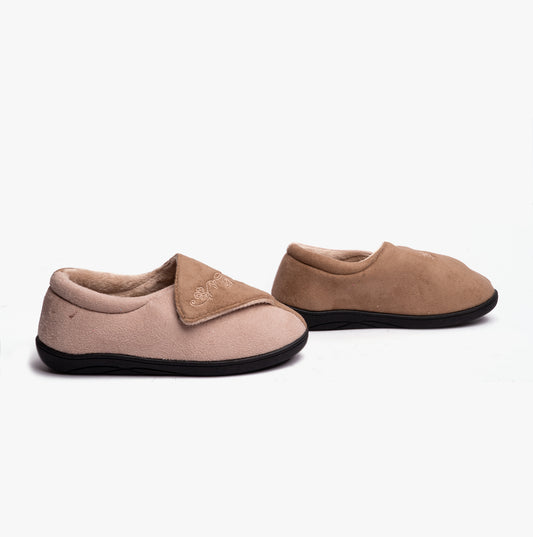 HOS Comfort HETTIE Womens Extra Wide (2E) Touch Fasten Full Slippers Camel
