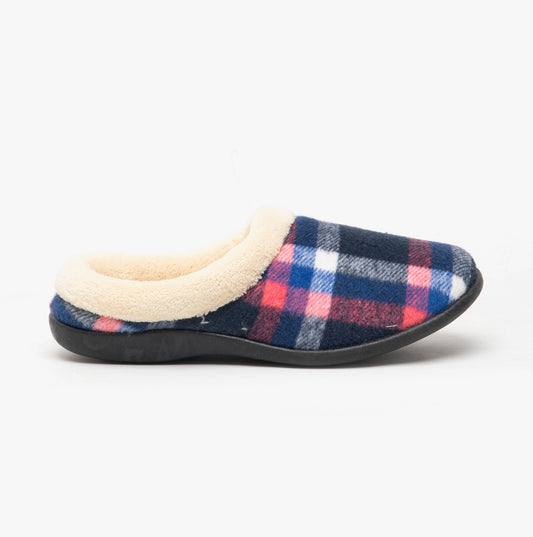 HOS Comfort SOPHIE Womens Teddy Lined Checked Mules Navy