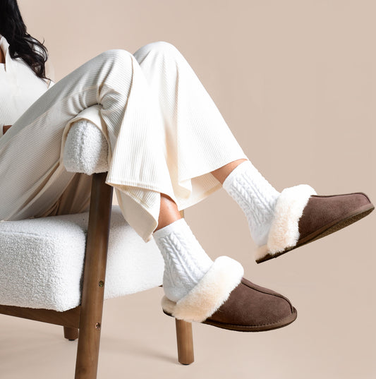 HOS Sheepskin AYLA Womens Real Sheepskin Mule Slippers Espresso