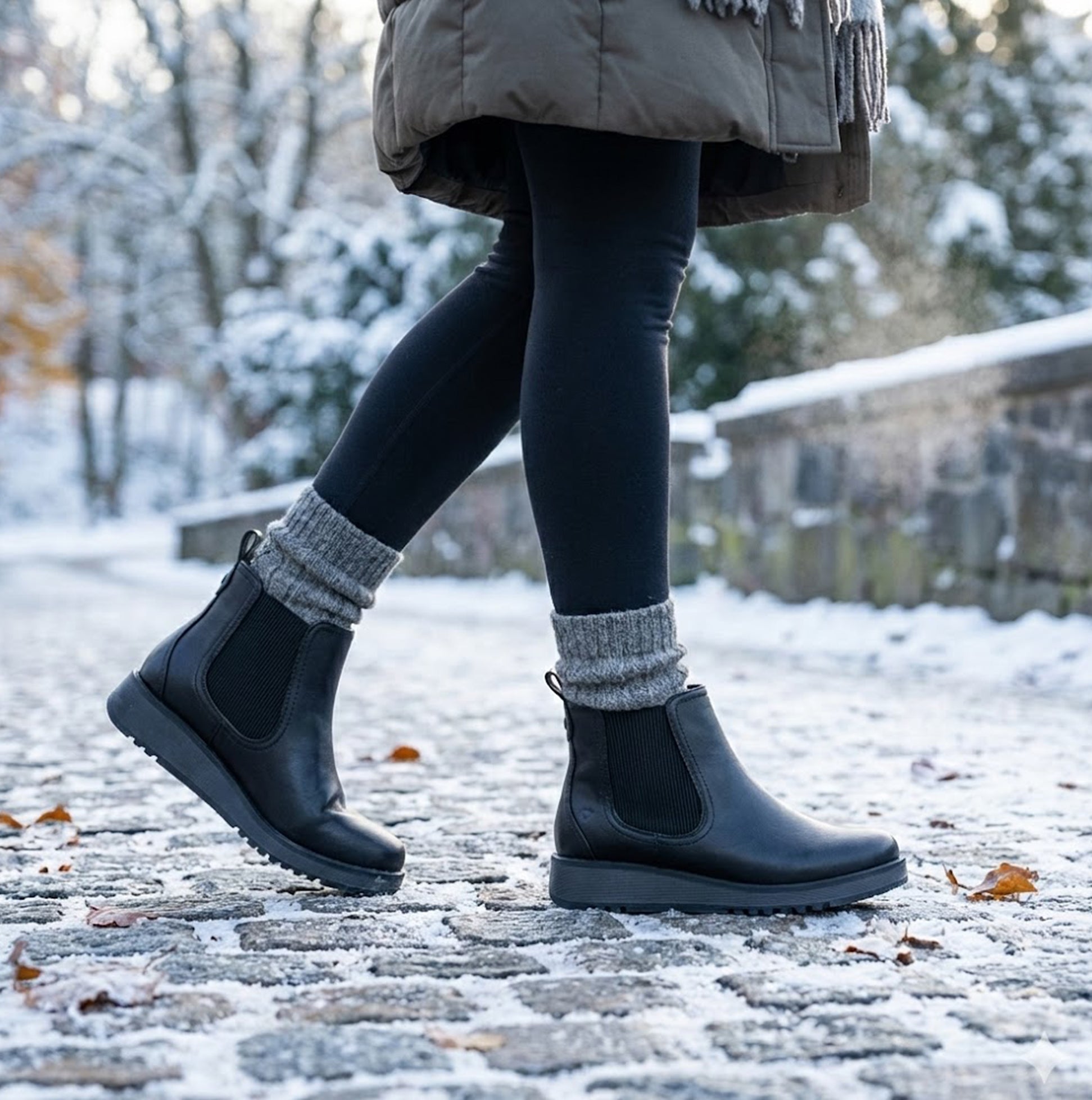 Heavenly Feet NEW ROLO2 Womens Chelsea Boots Black side view worn on snowy path with warm leggings and coat.
