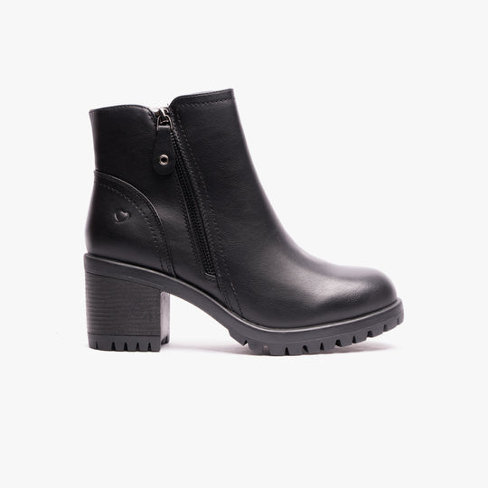 Heavenly Feet LARKIN Womens Ankle Zip Boots Black side view showcasing block heel and zip closure.