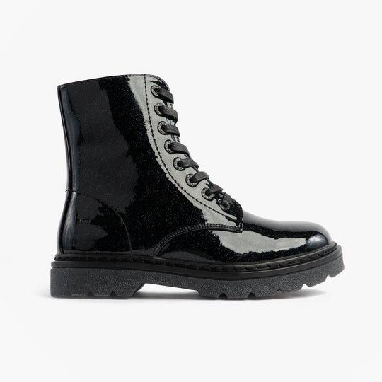 Heavenly Feet JUSTINA2 GLITTER Womens Ankle Boots Black Glitter side view showcasing lace-up design and glossy finish.