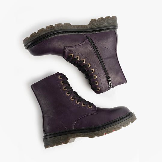 Heavenly Feet JUSTINA2 Womens Ankle Boots Purple side view showing laces and zip closure with rubber sole.