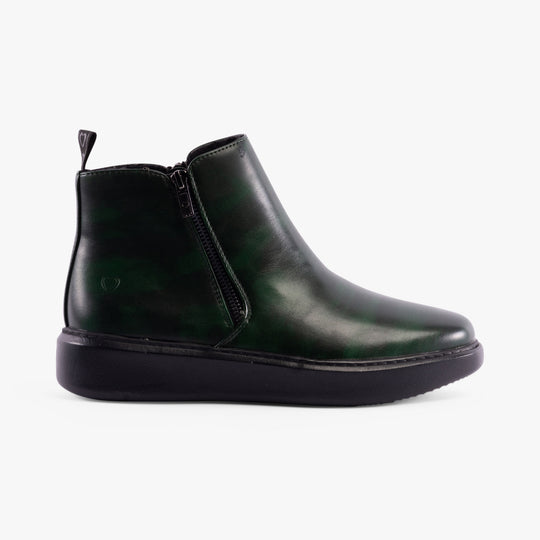 Heavenly Feet SENTA Womens Boots Forest side view showcasing faux leather ankle boots with zip closure.