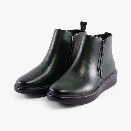 Heavenly Feet SENTA Womens Boots Forest side view, ankle boots in faux leather with zip closure and round toe.