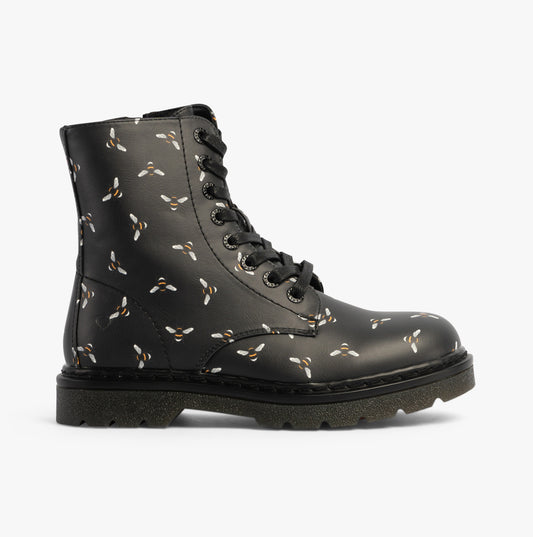 Heavenly Feet JUSTINA2 NEW BEE PRINT Womens Lace Up Boots Black