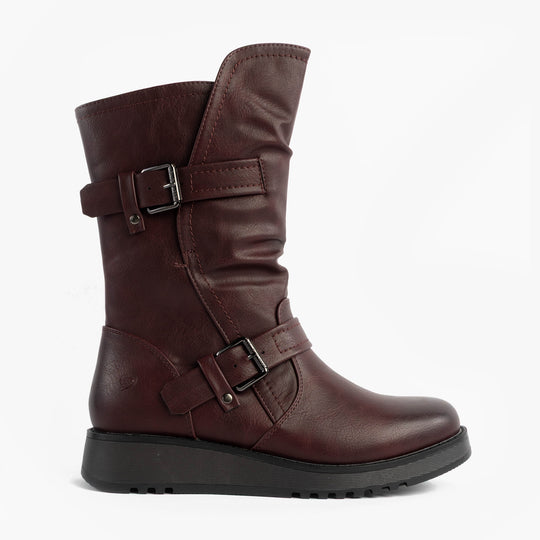 Heavenly Feet HANNAH4 Womens Mid Calf Boots Burgundy side view with buckles and low heel