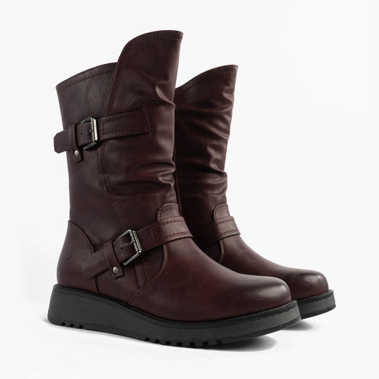Heavenly Feet HANNAH4 Womens Mid Calf Boots Burgundy side view showcasing buckle detail and synthetic upper.