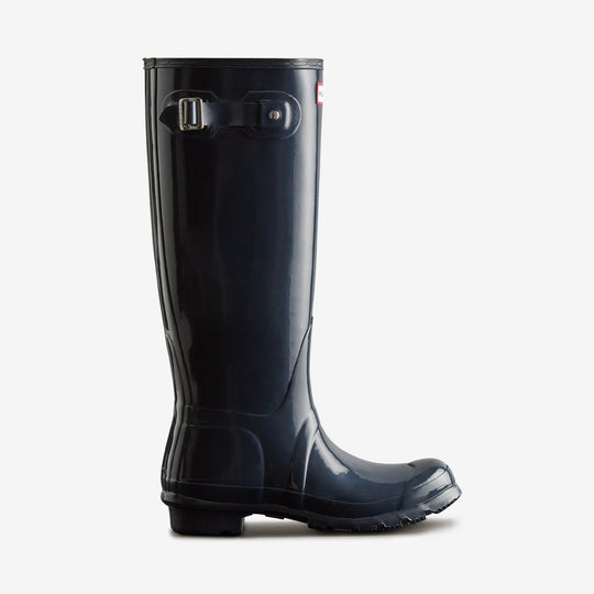 Hunter ORIGINAL TALL Womens Wellies Navy Gloss side view of waterproof rubber boot with buckle detail.