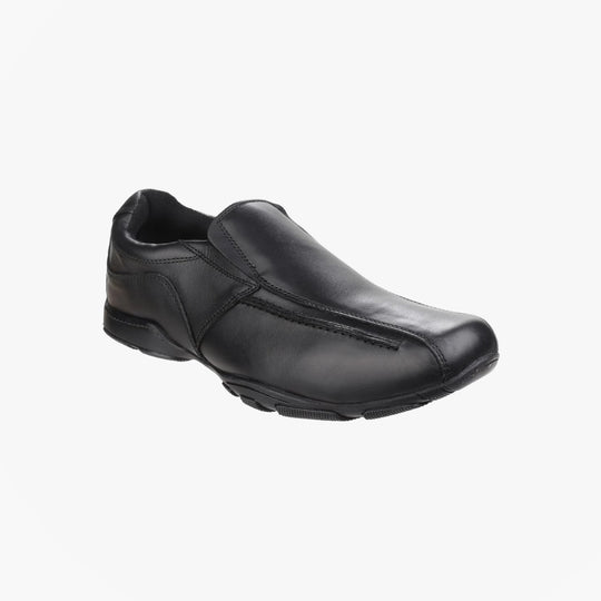 Hush Puppies BESPOKE SENIOR Boys Shoes Black side view, leather upper, slip-on style, low top school shoes.
