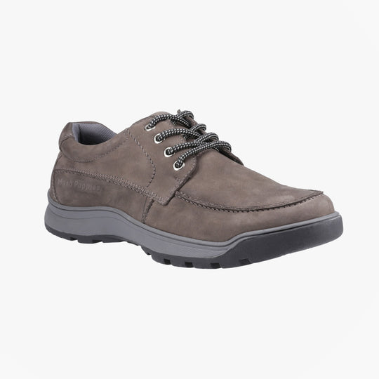 Hush Puppies TUCKER LACE Mens Lace Shoes Grey side view showcasing comfort design and Nubuck upper.