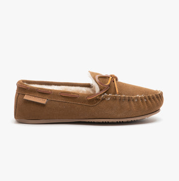 ALLIE Ladies Suede Moccasin Slippers Tan
