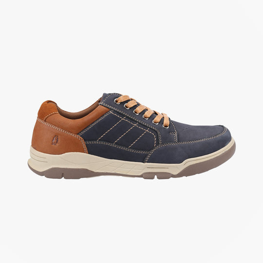 Hush Puppies FINLEY Mens Comfort Shoes Navy side view showcasing leather upper and lace-up design.