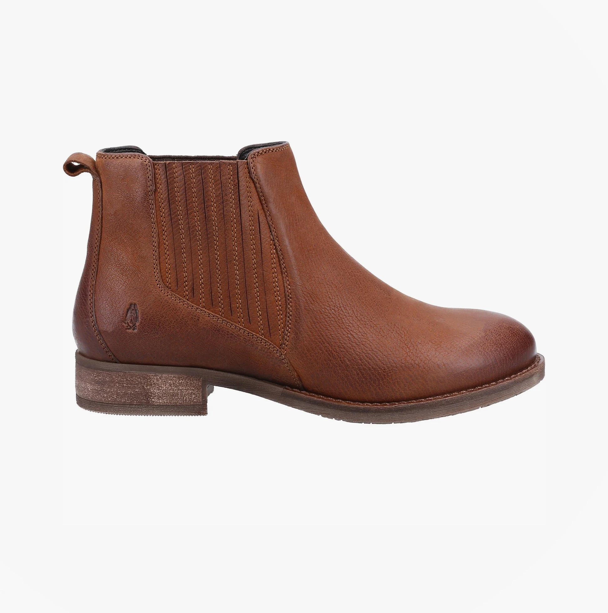 Hush Puppies EDITH Womens Boots Tan side view showing leather upper, Chelsea style, and block heel design.