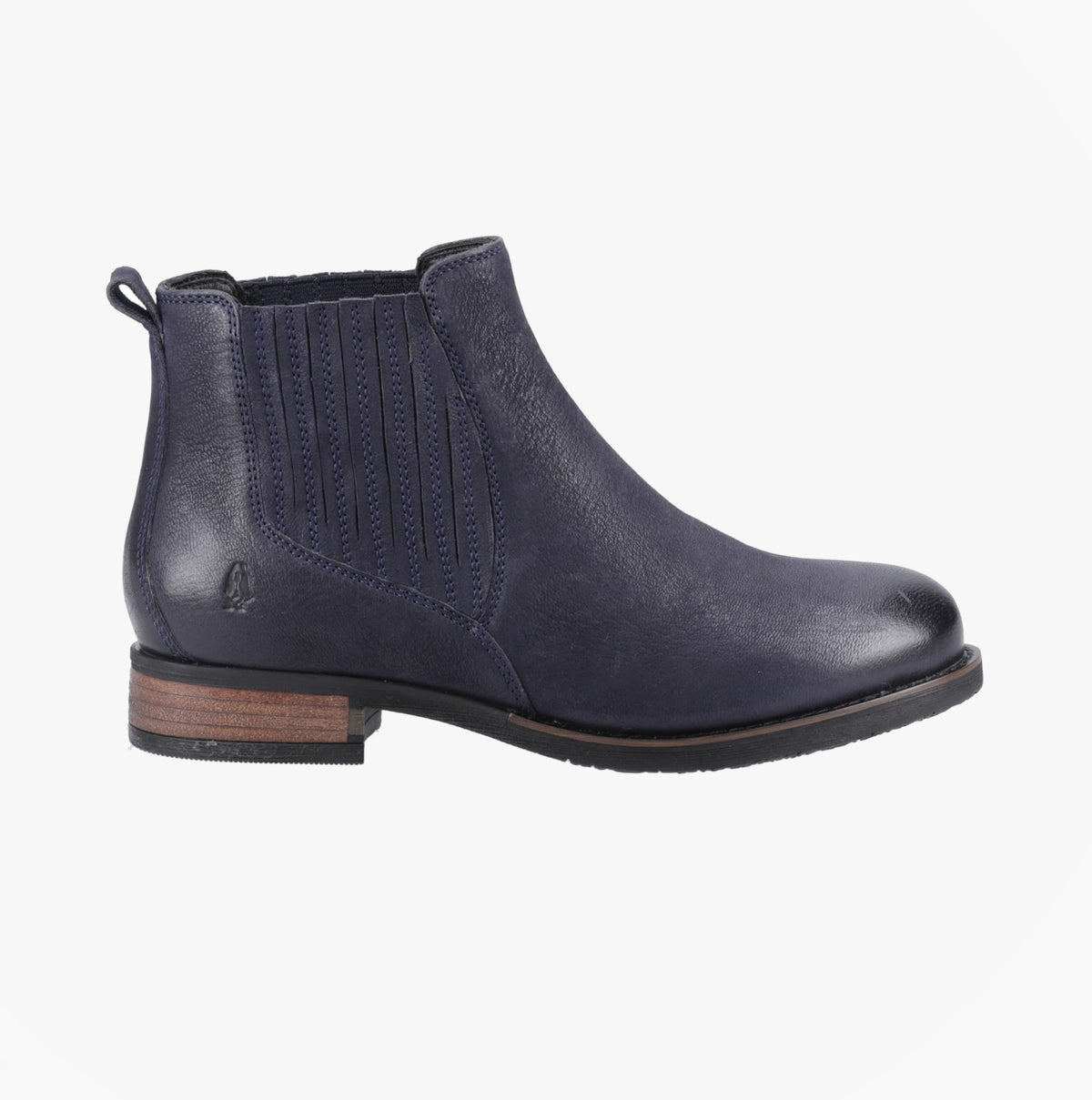 Hush Puppies EDITH Womens Ankle Chelsea Boots Navy side view showcasing leather upper and round toe.