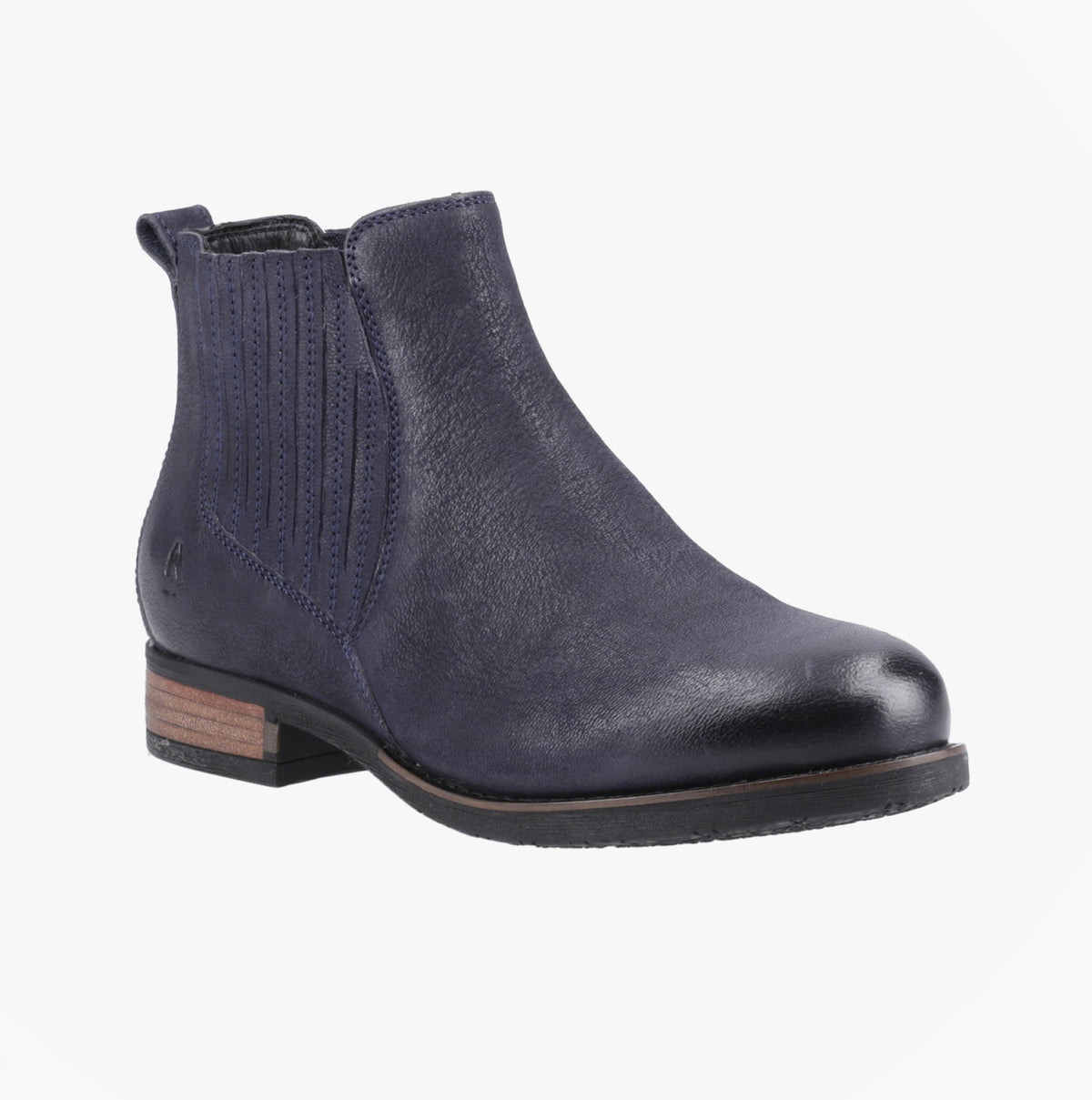 Hush Puppies EDITH Womens Ankle Chelsea Boots Navy side view showcasing leather upper and low heel design.