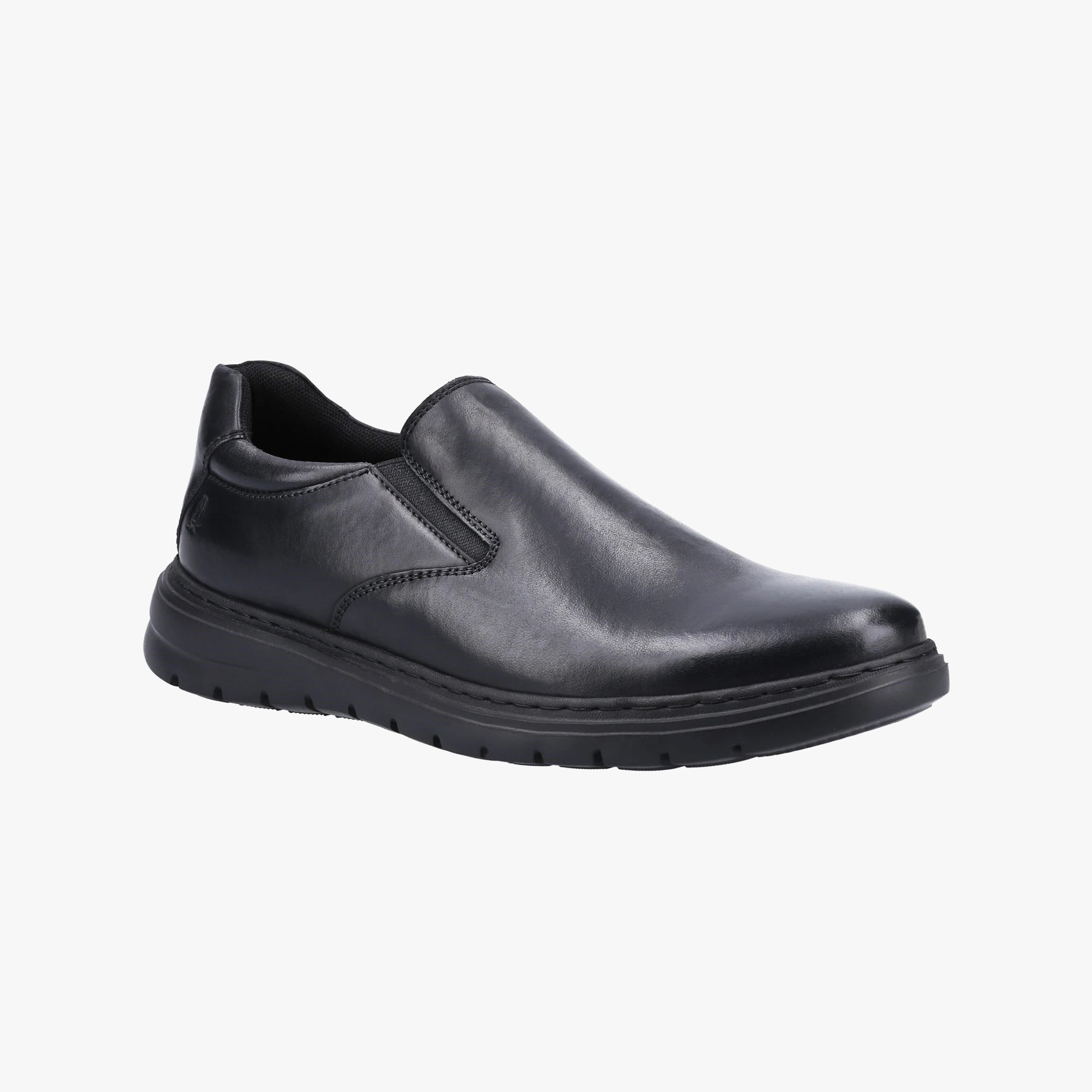 Hush Puppies TRENT Mens Shoes Black side view slip-on comfort shoes in leather with round toe design.