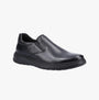 Hush Puppies TRENT Mens Shoes Black side view slip-on comfort shoes in leather with round toe design.