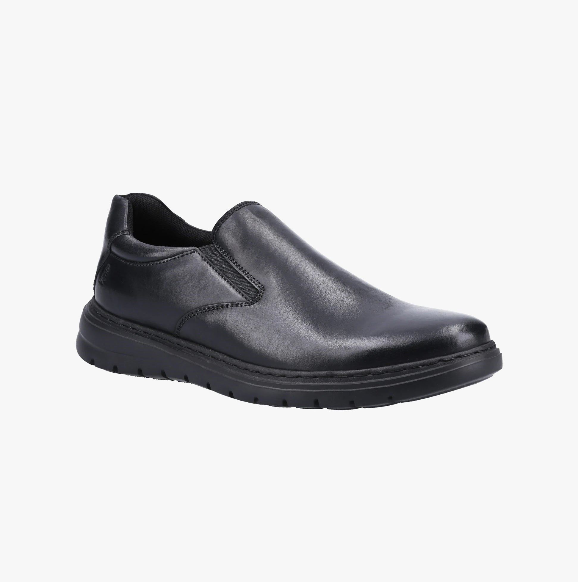 Hush Puppies TRENT Mens Shoes Black side view slip-on comfort shoes in leather with round toe design.