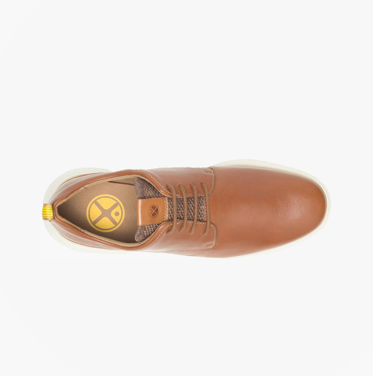 Brown leather shoe with a yellow sole on a white background