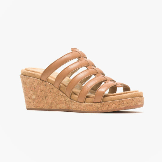 Hush Puppies WILLOW SLIDE Womens Sandals Tan side view showcasing leather upper and wedge heel.