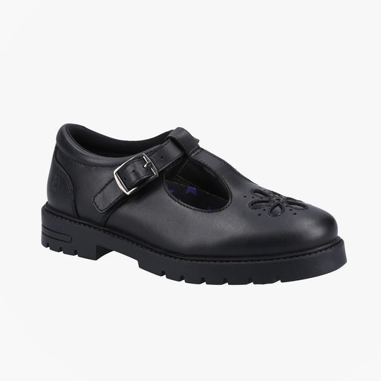 Hush Puppies FIONA Girls Leather School Shoes Black side view showcasing buckle and round toe design.