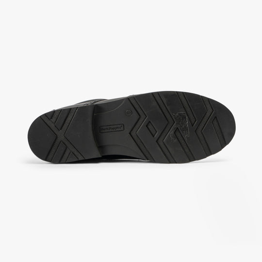 Hush Puppies JACOB SNR Boys Shoes Black bottom view showcasing durable sole and traction design.