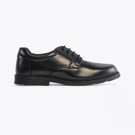 Hush Puppies OLIVER SNR Boys Shoes Black side view showing leather upper, lace-up closure, and low top design.