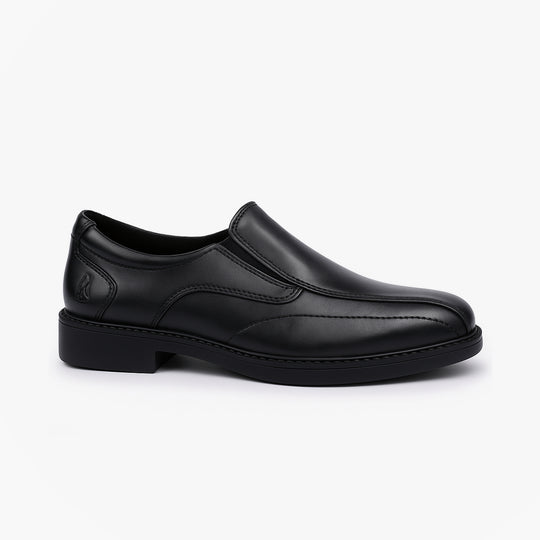 Hush Puppies TOBY SENIOR Boys Shoes Black side view, stylish leather slip-on school shoes with rubber sole.
