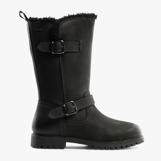 Hush Puppies WINNIE Womens Boots Black side view featuring leather upper, block heel, and decorative buckles.