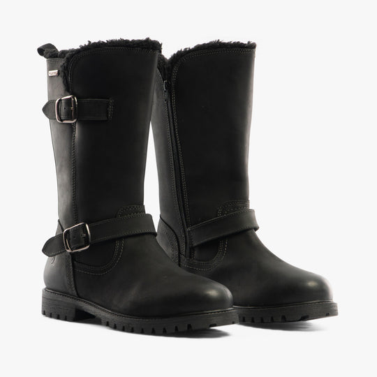 Hush Puppies WINNIE Womens Boots Black side view with buckles and fur lining, showing tall leather design and block heel.
