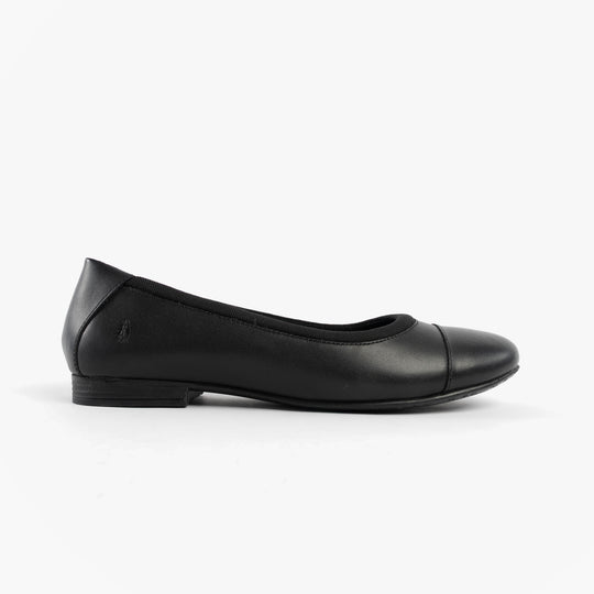 Hush Puppies EMMA Girls Leather School Shoes Black side view, showcasing the comfort and lightweight design.