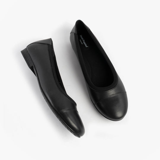 Hush Puppies EMMA Girls Leather School Shoes Black side view showing sleek design and round toe.