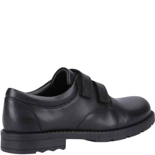 Hush Puppies BARRY Boys School Shoes Black side view showing leather upper and touch fasten design.