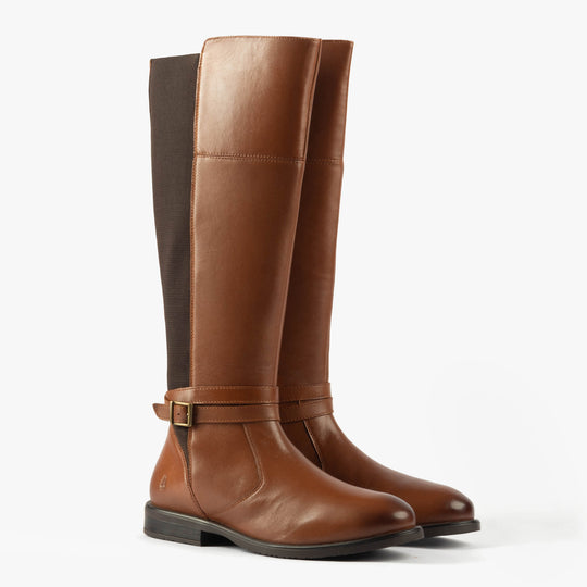 Hush Puppies VICTORIA Womens Boots Tan side view showcasing tall leather design and block heel.