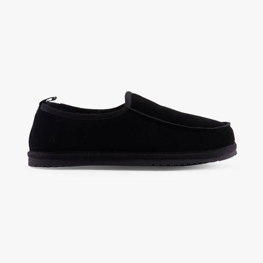 Hush Puppies CHARLES Mens Slippers Black side view, featuring suede upper, faux fur lining, and slip-on moccasin style.
