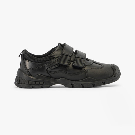 Hush Puppies TROY Boys School Shoes Black side view showcasing leather upper, touch fasten straps, and round toe design.